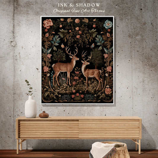 Dark Cottagecore Deer Tapestry | Folklore Aesthetic Blanket Woven William Morris Throw Dark Cottagecore Gothic Fairycore Deer Bedding Dark