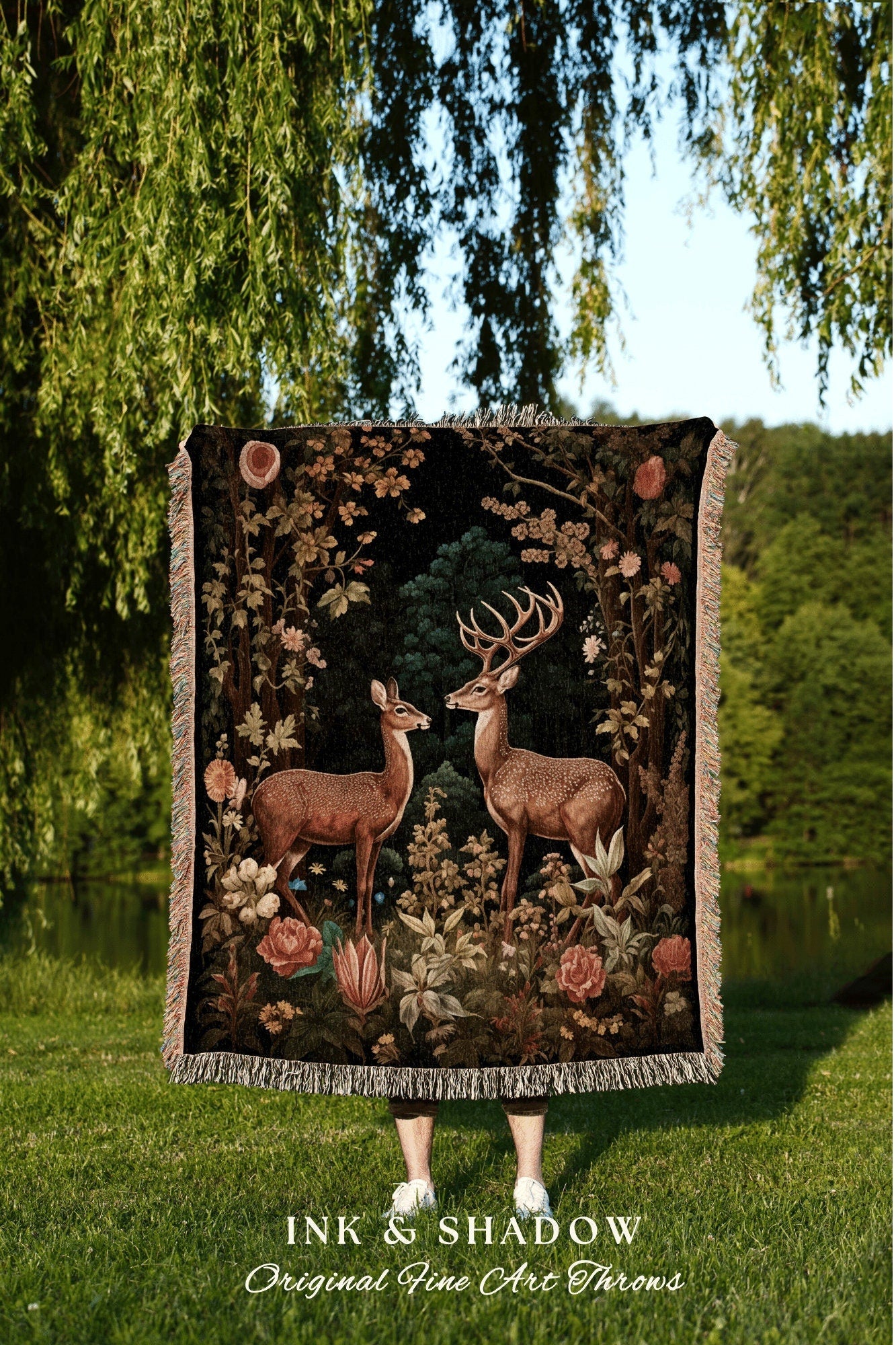 Doe & Deer Woodland Blanket | Folklore Aesthetic Tapestry Woven William Morris Decor Dark Cottagecore Cozy Gothic Fairycore Deer Witchy |