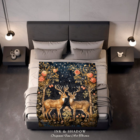 Folklore Aesthetic Deer Blanket | Folklore Aesthetic Tapestry Woven William Morris Cozy Throw Dark Cottagecore Gothic Fairycore Deer Bedding