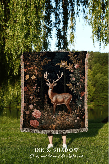 Botanical Deer Tapestry Blanket | Pastel Folklore Aesthetic Folk Art Woven William Morris Decor Dark Cottagecore Fairy Core Witchy Gifts |