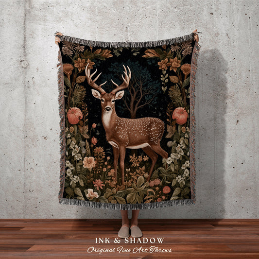 Woodland Deer Woven Blanket | Folklore Aesthetic Tapestry William Morris Throw Dark Cottagecore Gothic Fairycore Deer Bedding Dark Whimsical