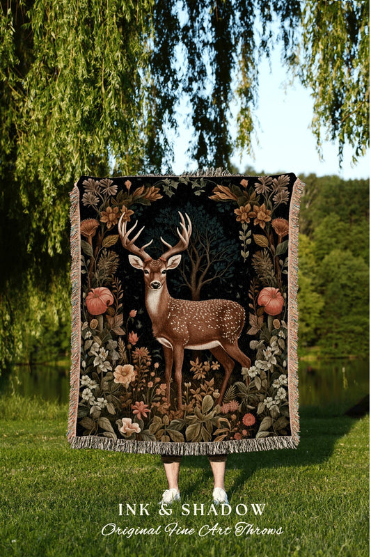 Woodland Deer Woven Blanket | Folklore Aesthetic Tapestry William Morris Throw Dark Cottagecore Gothic Fairycore Deer Bedding Dark Whimsical