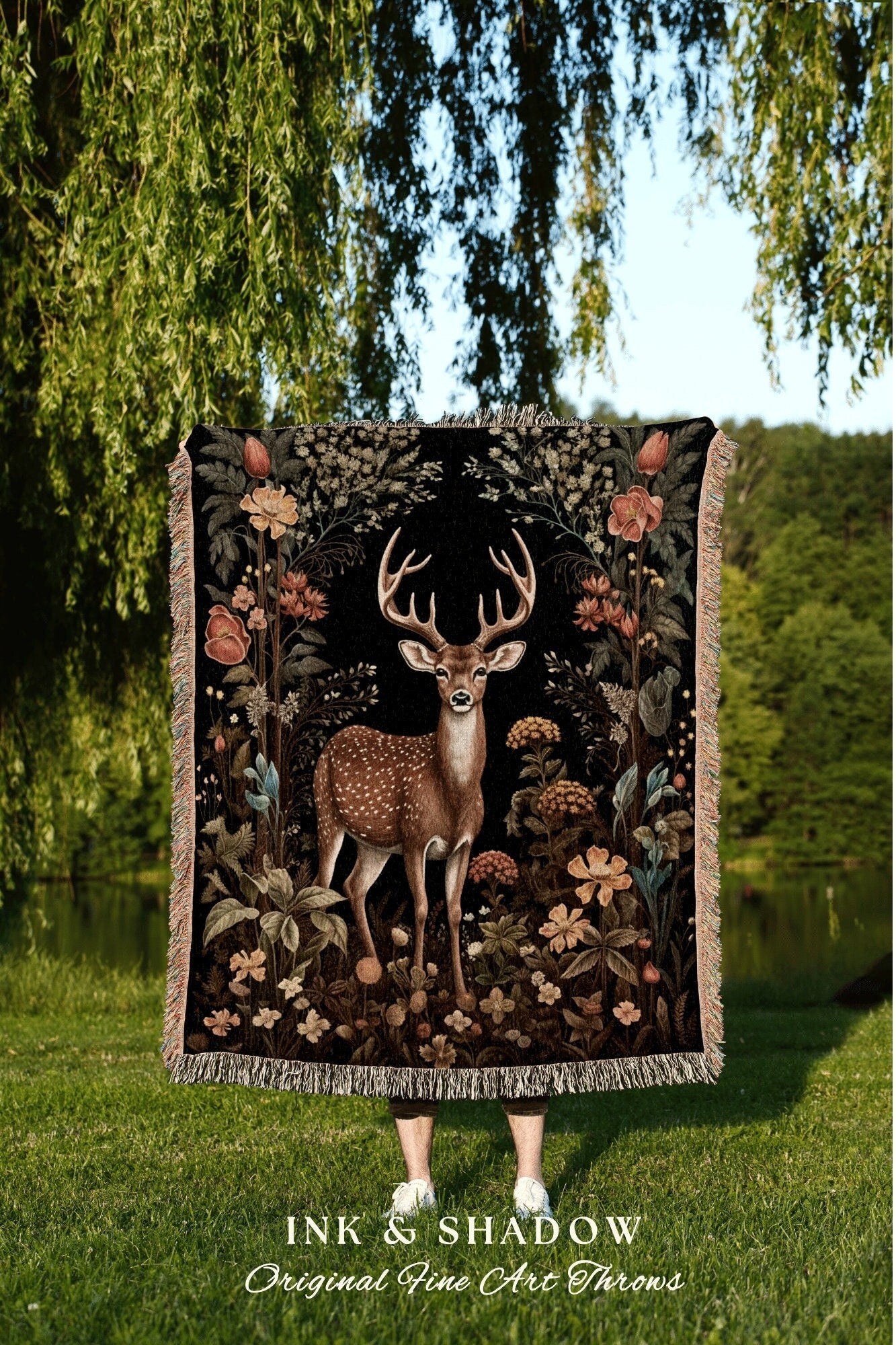 Dark Floral Rustic Blanket | Pastel Folklore Aesthetic Tapestry Woven William Morris Decor Dark Cottagecore Fairy Core Deer Witchy Gifts |