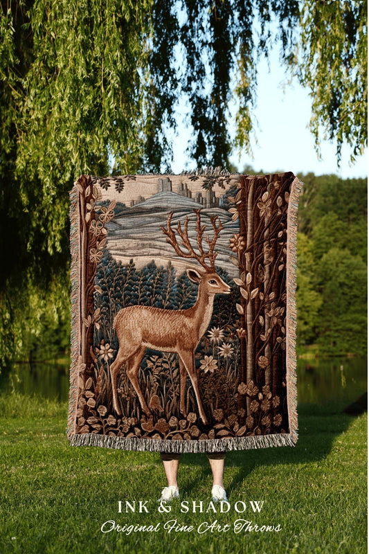 Rustic Lakehouse Decor Blanket | Pastel Folklore Aesthetic Folk Art Tapestry Woven William Morris Decor Dark Cottagecore Woodland Deer Gift