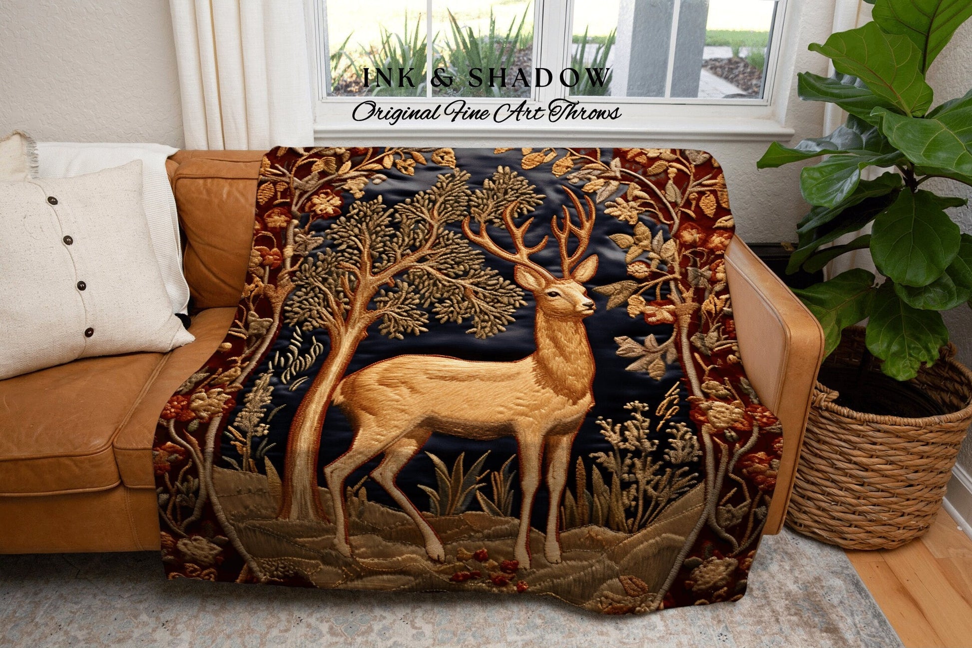 Medieval Deer Throw Blanket | Pastel Folklore Aesthetic Folk Art Tapestry Woven William Morris Decor Dark Cottagecore Fairy Core Witchy |