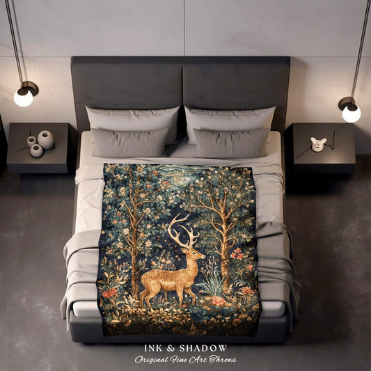 Woodland Folklore Deer Blanket | Mystic Aesthetic Folk Art Tapestry Woven William Morris Decor Dark Cottagecore Deer Gift Cozy Throw