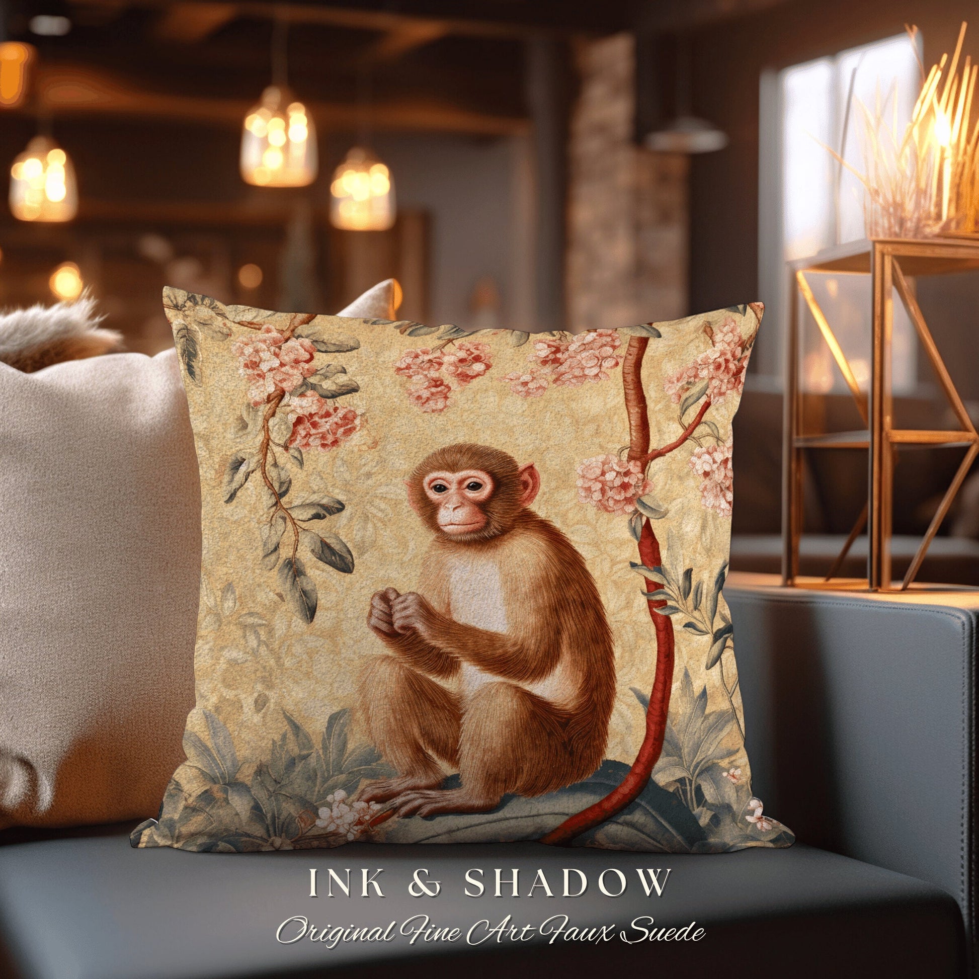 Light Victorian Gothic Monkey Pillow Jungle Aesthetic Decor Soft Cottagecore Woven Tapestry Throw Pillow Vintage Aesthetic Fairycore Decor