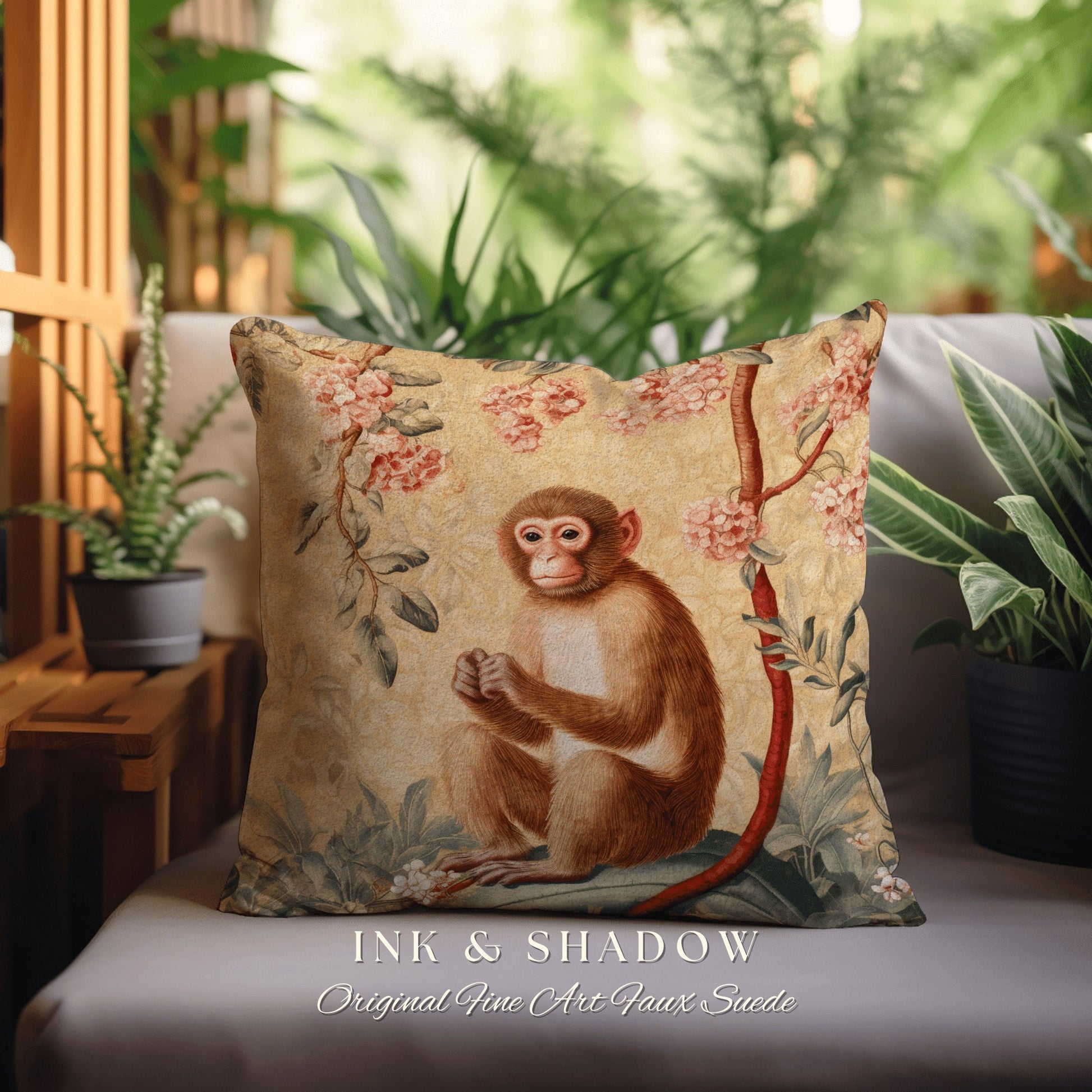 Light Victorian Gothic Monkey Pillow Jungle Aesthetic Decor Soft Cottagecore Woven Tapestry Throw Pillow Vintage Aesthetic Fairycore Decor