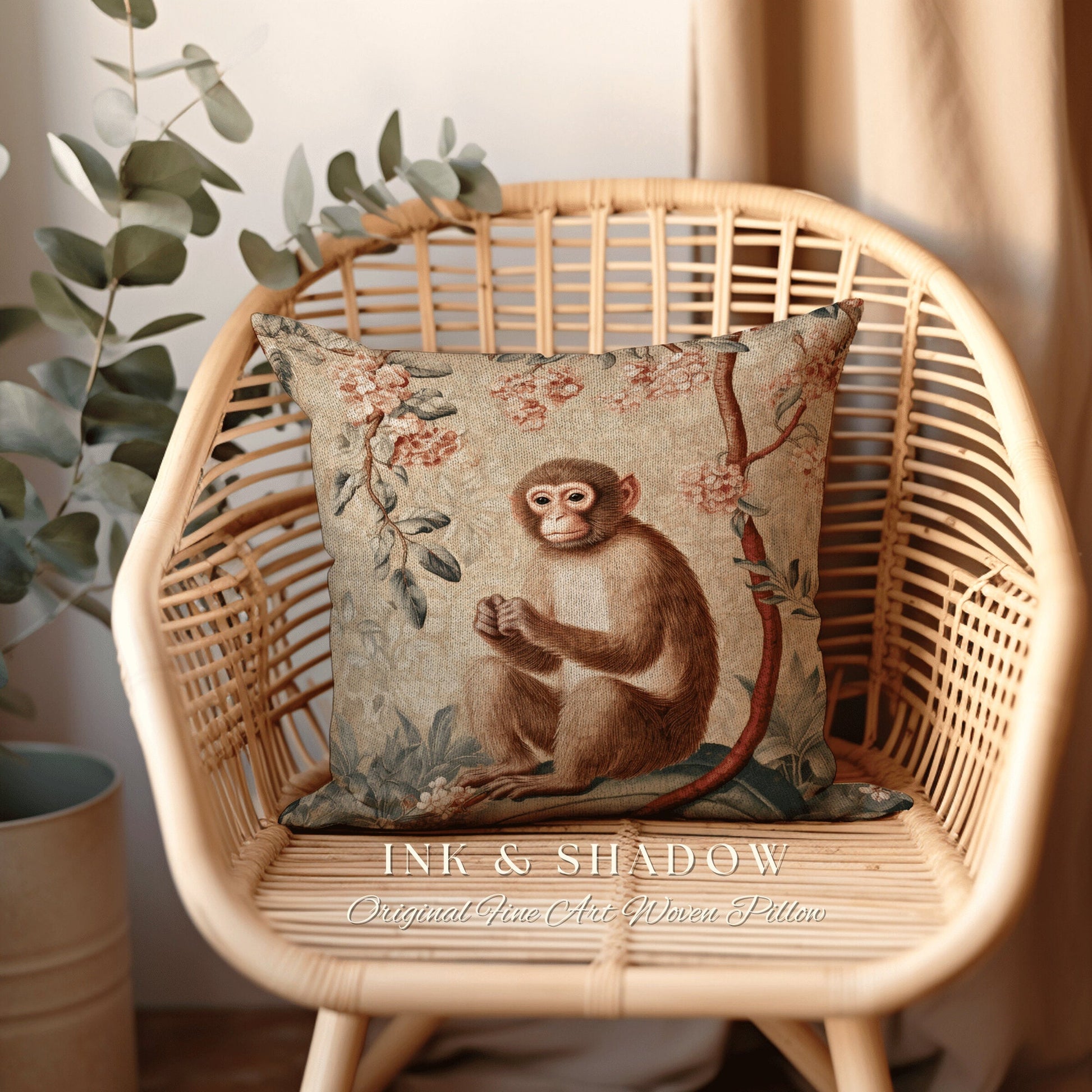 Light Victorian Gothic Monkey Pillow Jungle Aesthetic Decor Soft Cottagecore Woven Tapestry Throw Pillow Vintage Aesthetic Fairycore Decor