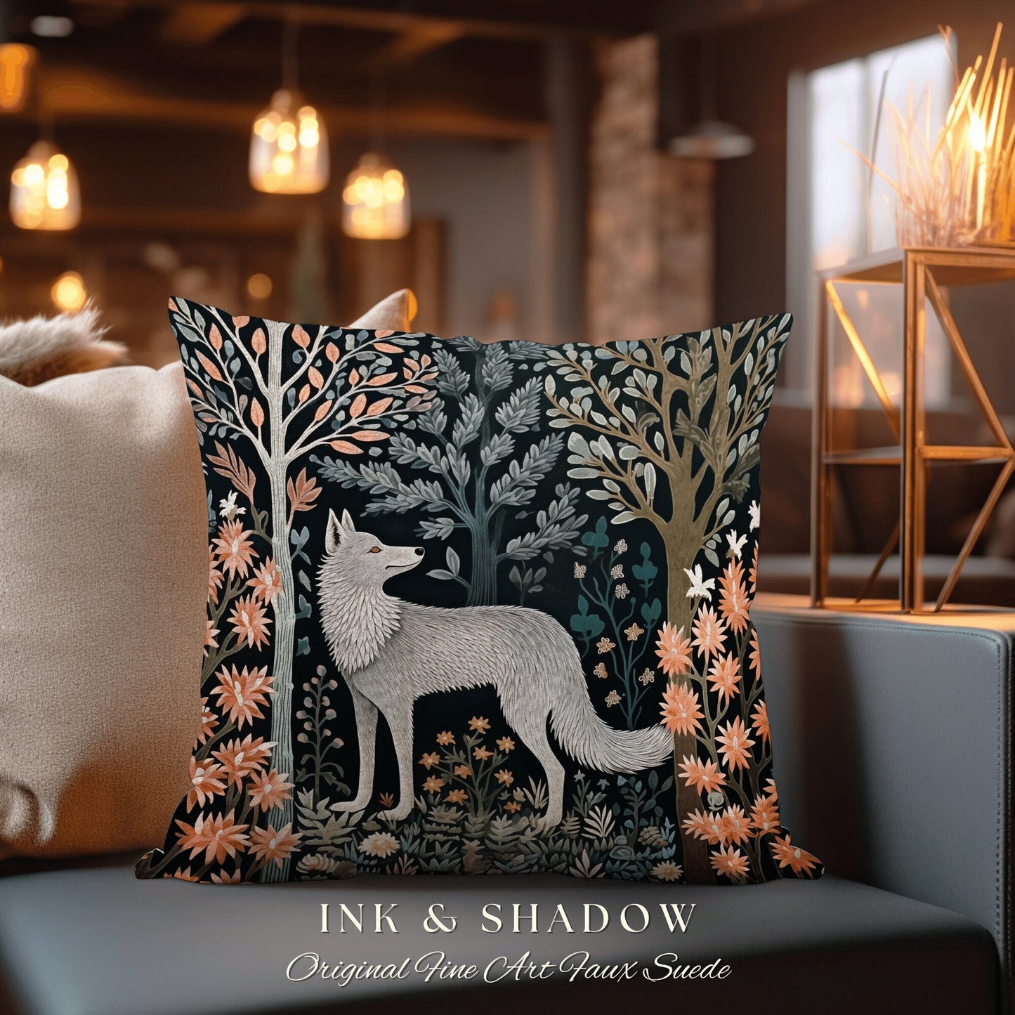 Scandinavian Fox Throw Pillow | Dark Academia William Morris Inspired Cushion Goth Aesthetic Medieval Woven Pillow Danish Fox Decor |