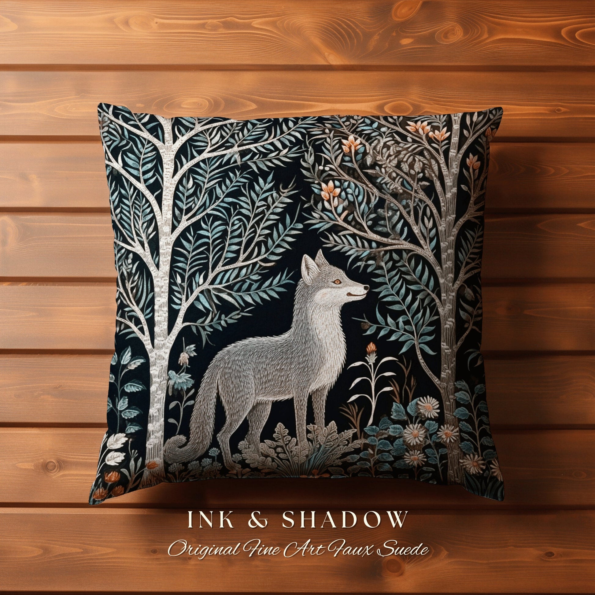 Scandinavian Woods Fox Pillow | Dark Academia William Morris Inspired Cushion Goth Aesthetic Medieval Woven Pillow Danish Fox Decor |