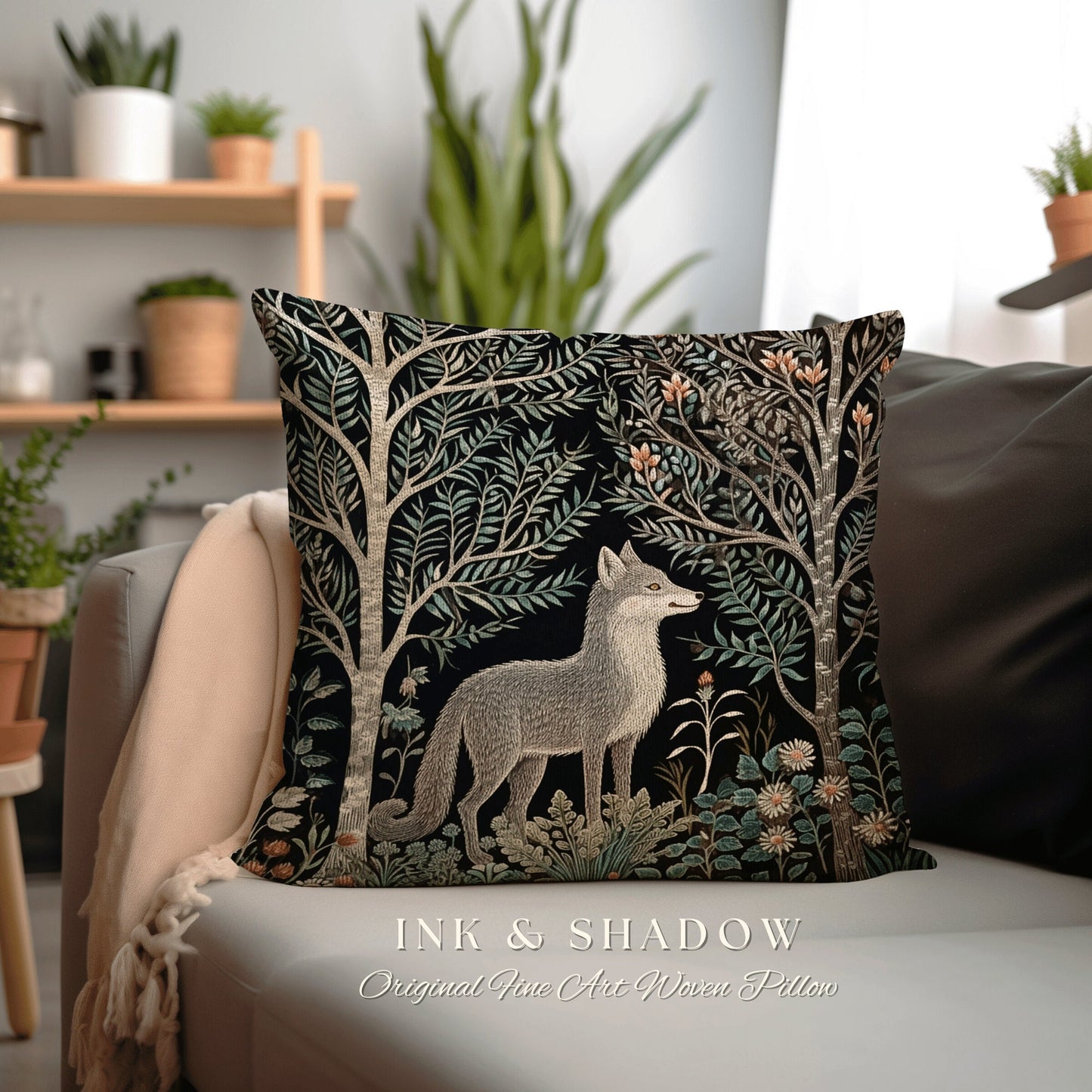 Scandinavian Woods Fox Pillow | Dark Academia William Morris Inspired Cushion Goth Aesthetic Medieval Woven Pillow Danish Fox Decor |