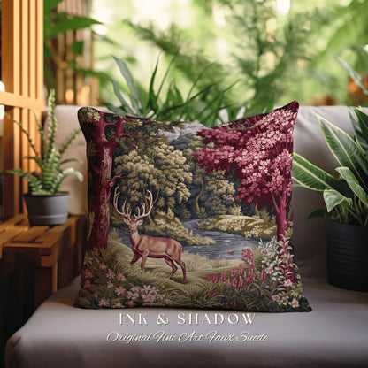 Woodland Landscape Pillow | Ornate Deer Tapestry Witchy Decor Fairycore Gift Victorian Aesthetic Room Decor Mystical Deer Accent Pillow |