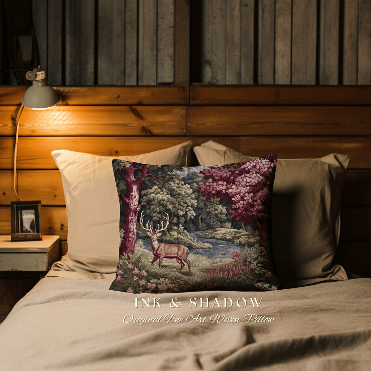 Romantic Woodland Deer Woven Tapestry Pillow | Victorian Forest Landscape Dark Botanical Floral Cottagecore Nature Rustic Cushion Decor Home