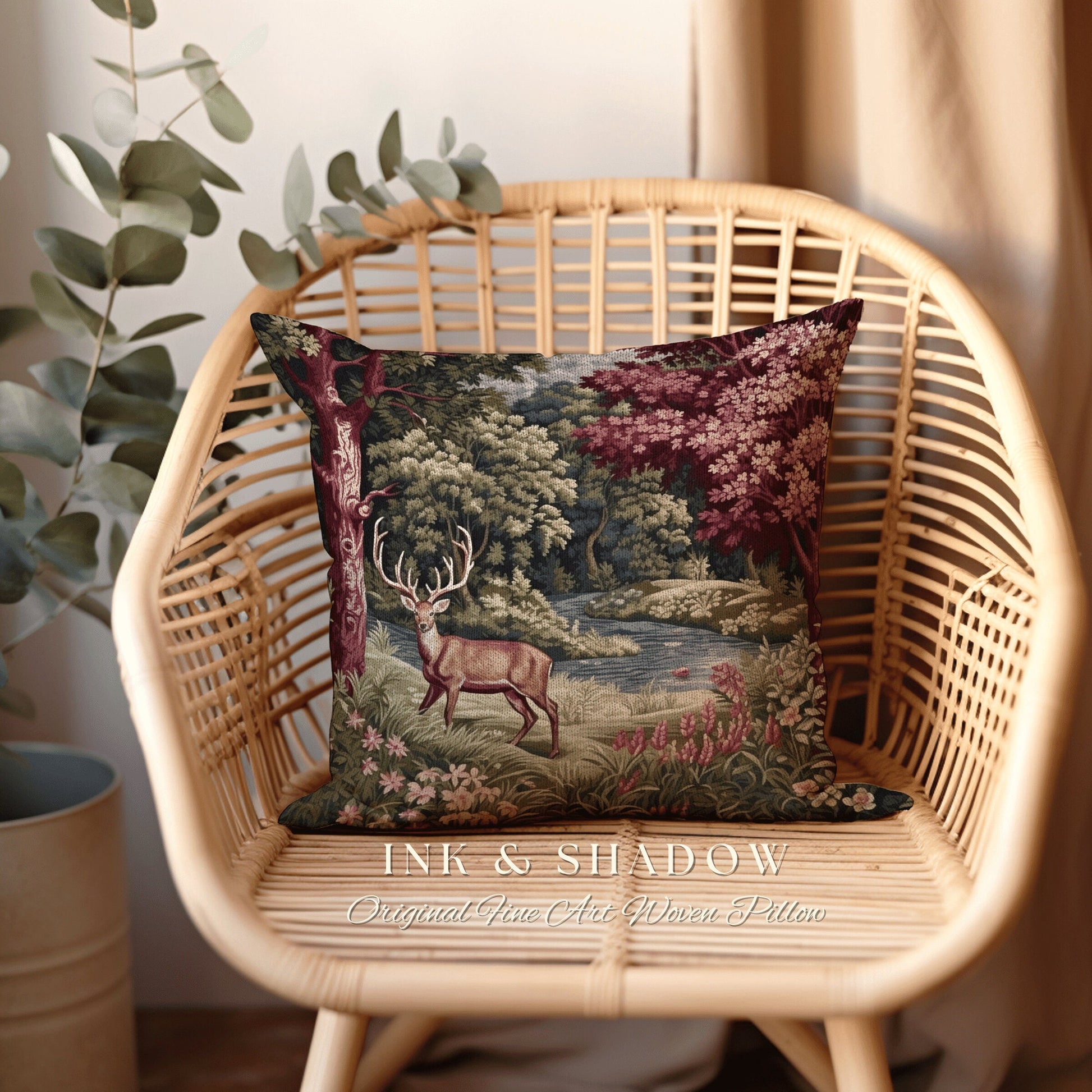Romantic Woodland Deer Woven Tapestry Pillow | Victorian Forest Landscape Dark Botanical Floral Cottagecore Nature Rustic Cushion Decor Home