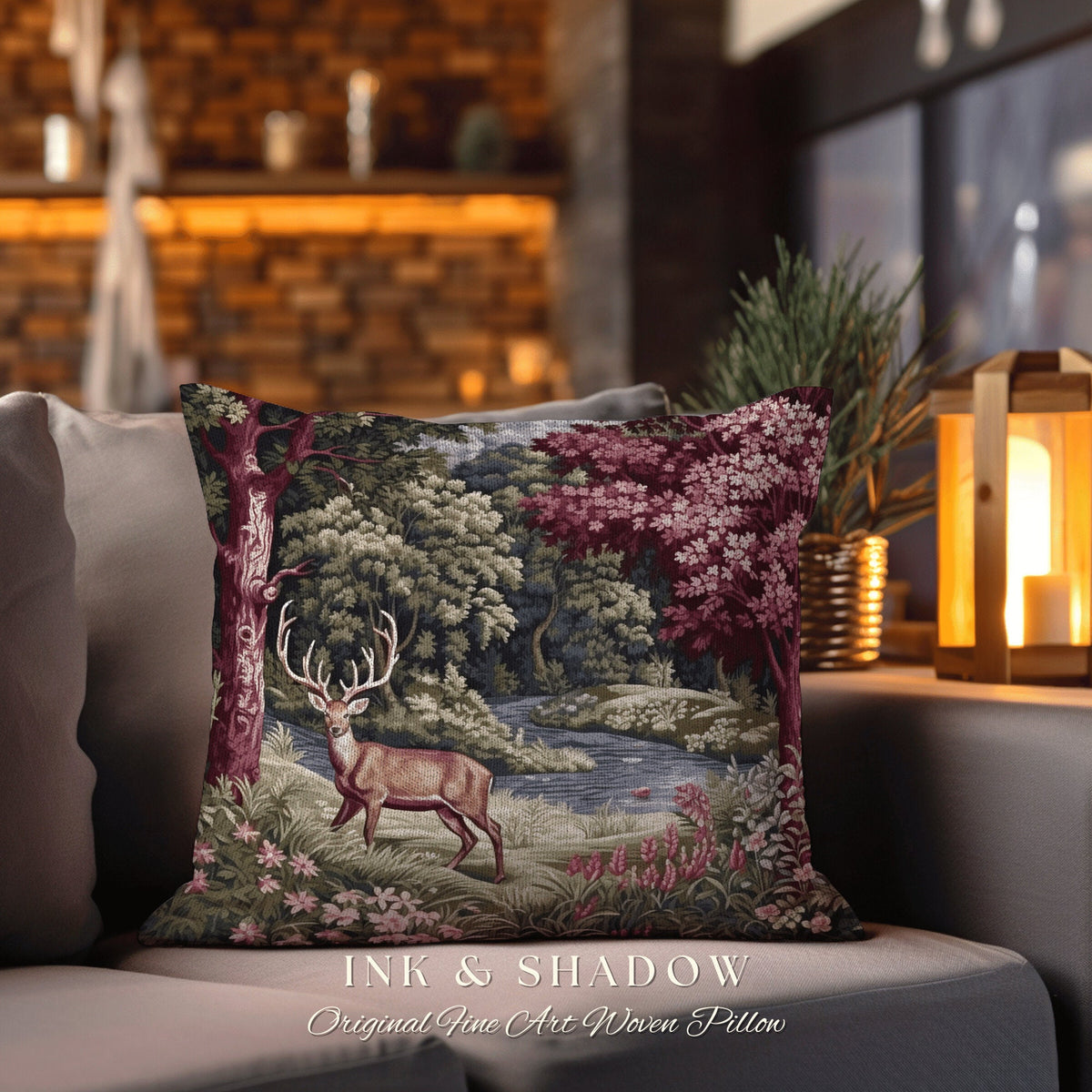 Romantic Woodland Deer Woven Tapestry Pillow | Victorian Forest Landscape Dark Botanical Floral Cottagecore Nature Rustic Cushion Decor Home