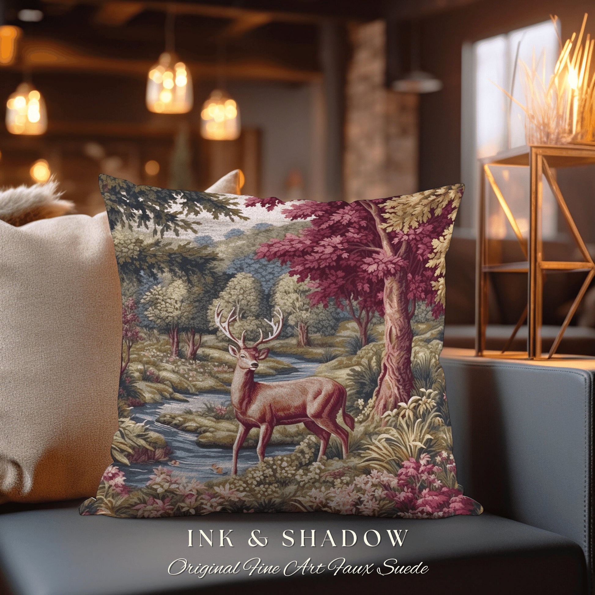 Woven Pillow Woodland Deer | Ornate Deer Tapestry Witchy Decor Fairycore Gift Victorian Aesthetic Room Decor Mystical Deer Throw Pillow