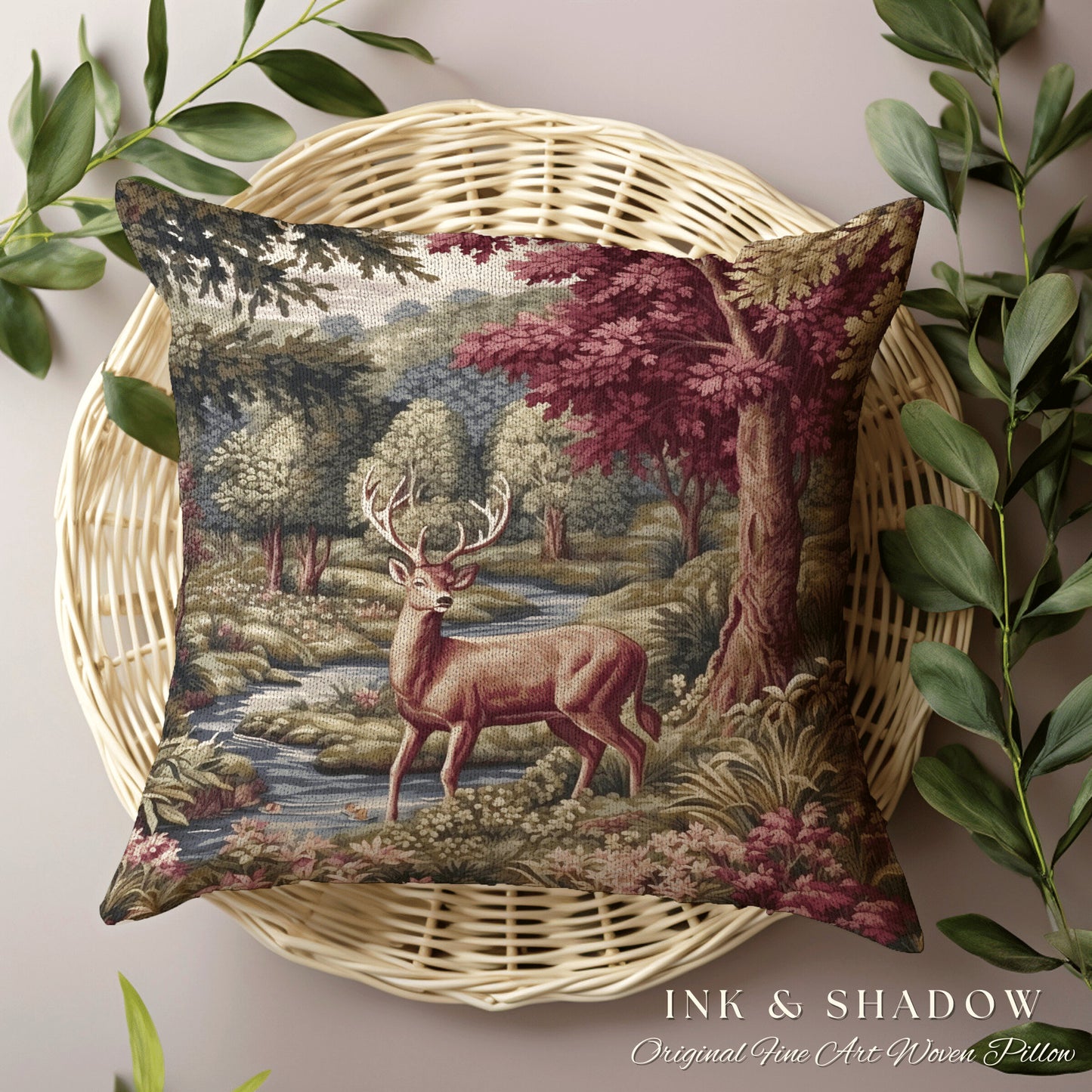 Woven Pillow Woodland Deer | Ornate Deer Tapestry Witchy Decor Fairycore Gift Victorian Aesthetic Room Decor Mystical Deer Throw Pillow