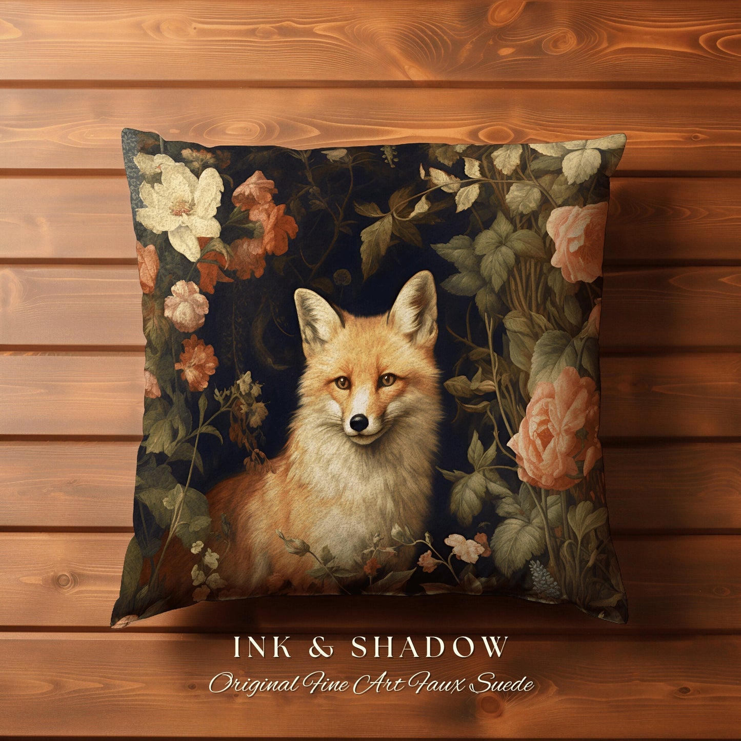 Ethereal Fox Pillow Botanical Gothic | Dark Academia William Morris Inspired Cushion Goth Aesthetic Medieval Woven Pillow Victorian Fox