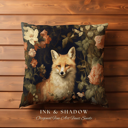 Ethereal Fox Pillow Botanical Gothic | Dark Academia William Morris Inspired Cushion Goth Aesthetic Medieval Woven Pillow Victorian Fox