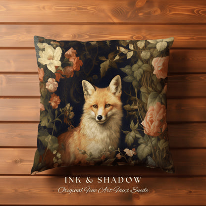 Ethereal Fox Pillow Botanical Gothic | Dark Academia William Morris Inspired Cushion Goth Aesthetic Medieval Woven Pillow Victorian Fox