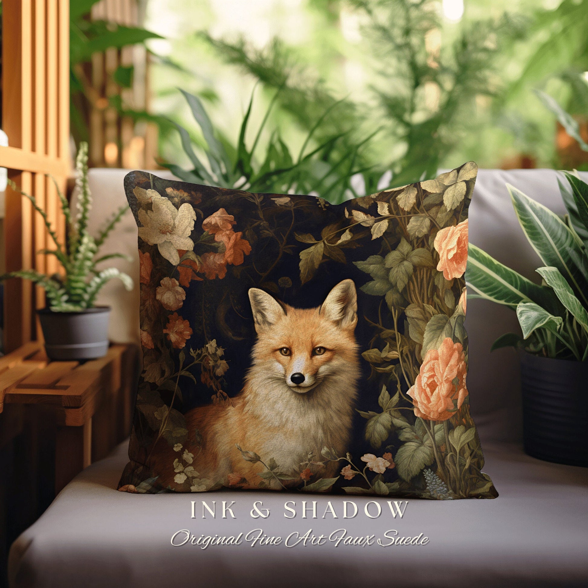 Ethereal Fox Pillow Botanical Gothic | Dark Academia William Morris Inspired Cushion Goth Aesthetic Medieval Woven Pillow Victorian Fox