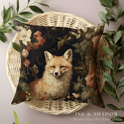 Ethereal Fox Pillow Botanical Gothic | Dark Academia William Morris Inspired Cushion Goth Aesthetic Medieval Woven Pillow Victorian Fox