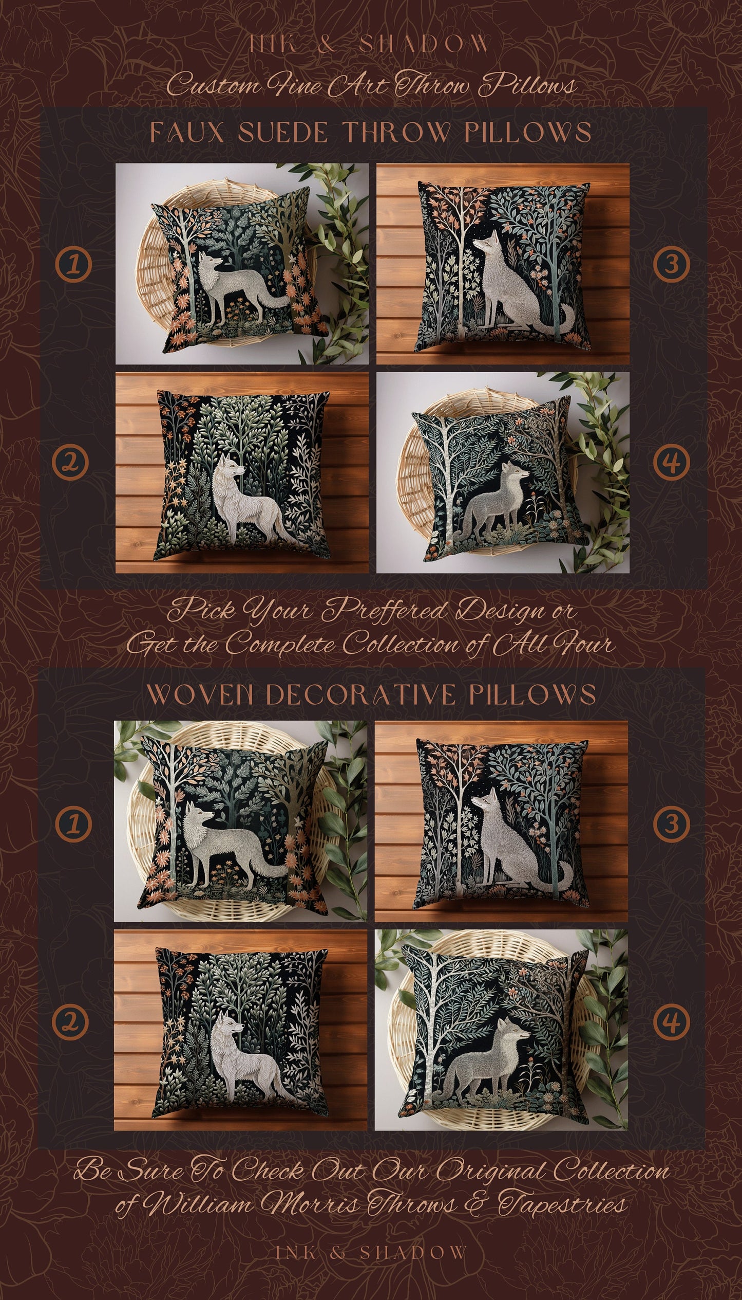 Scandinavian Wolf Throw Pillow Dark Academia William Morris Inspired Cushion Goth Aesthetic Woodland Woven Pillow Danish Wolf Lover Decor