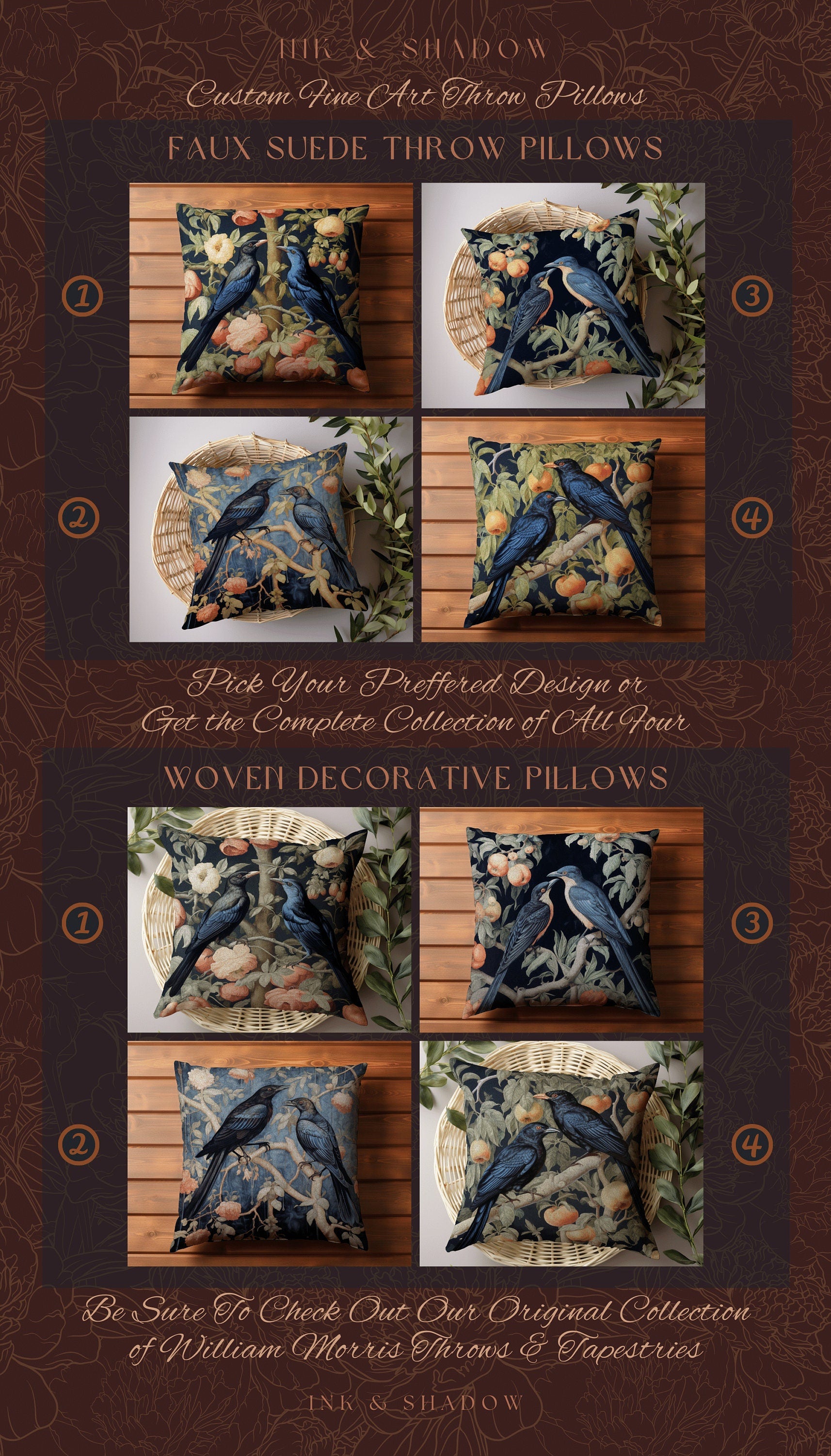 Blue Jungle Birds Pillow | Gothic Botanical Accent Pillow William Morris Art Pillow Raven Decor Crow Core Cushion Maximalist Rustic Bedroom