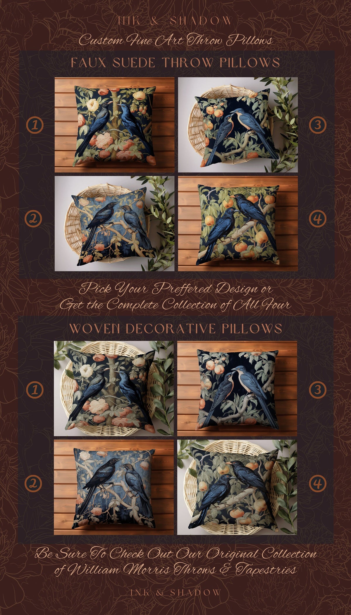 Woodland Crow Accent Pillow | Gothic Decor Crowcore Morris Inspired Artwork Medieval Style Woven Cushion Victorian Raven Floral Whimsigothic