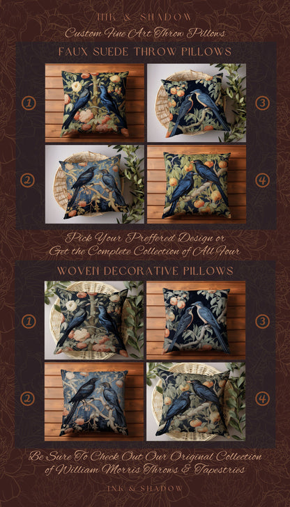 Woodland Crow Accent Pillow | Gothic Decor Crowcore Morris Inspired Artwork Medieval Style Woven Cushion Victorian Raven Floral Whimsigothic