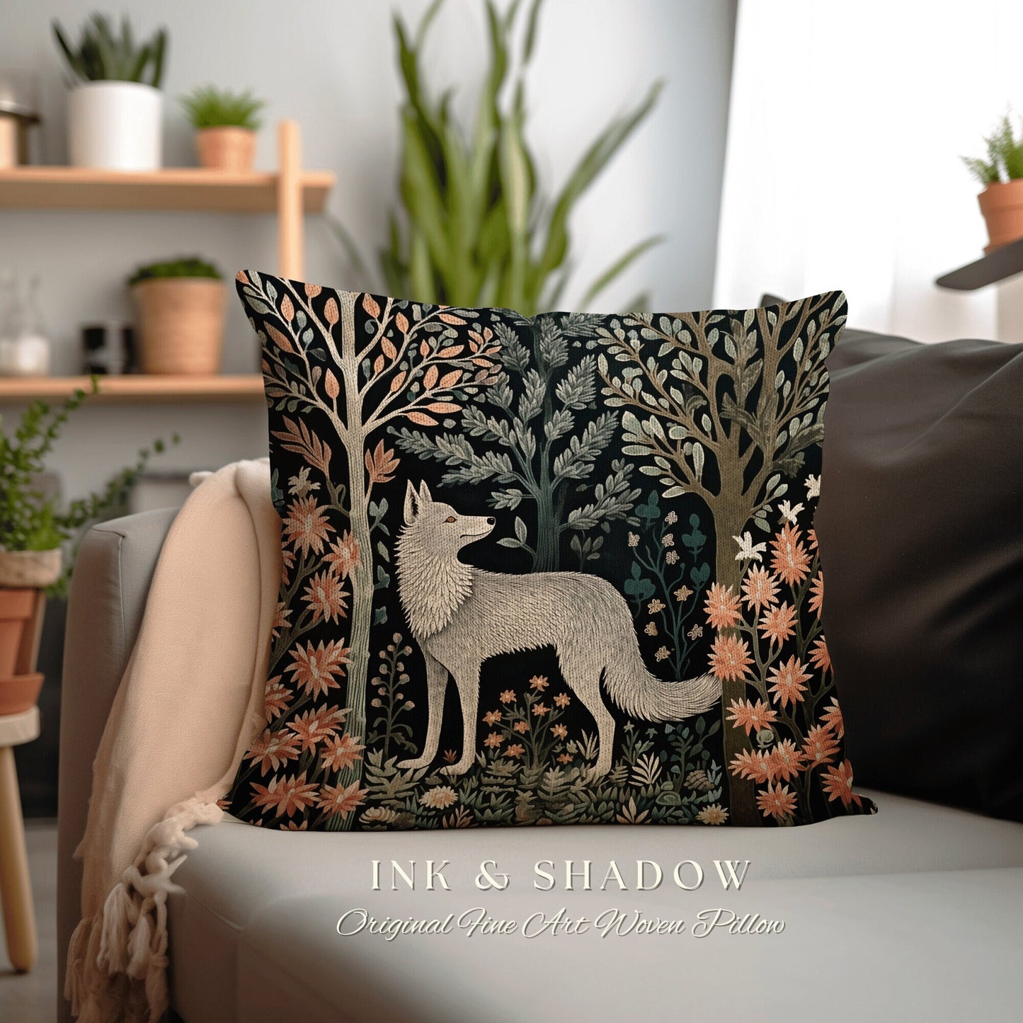 Scandinavian Fox Throw Pillow | Dark Academia William Morris Inspired Cushion Goth Aesthetic Medieval Woven Pillow Danish Fox Decor |