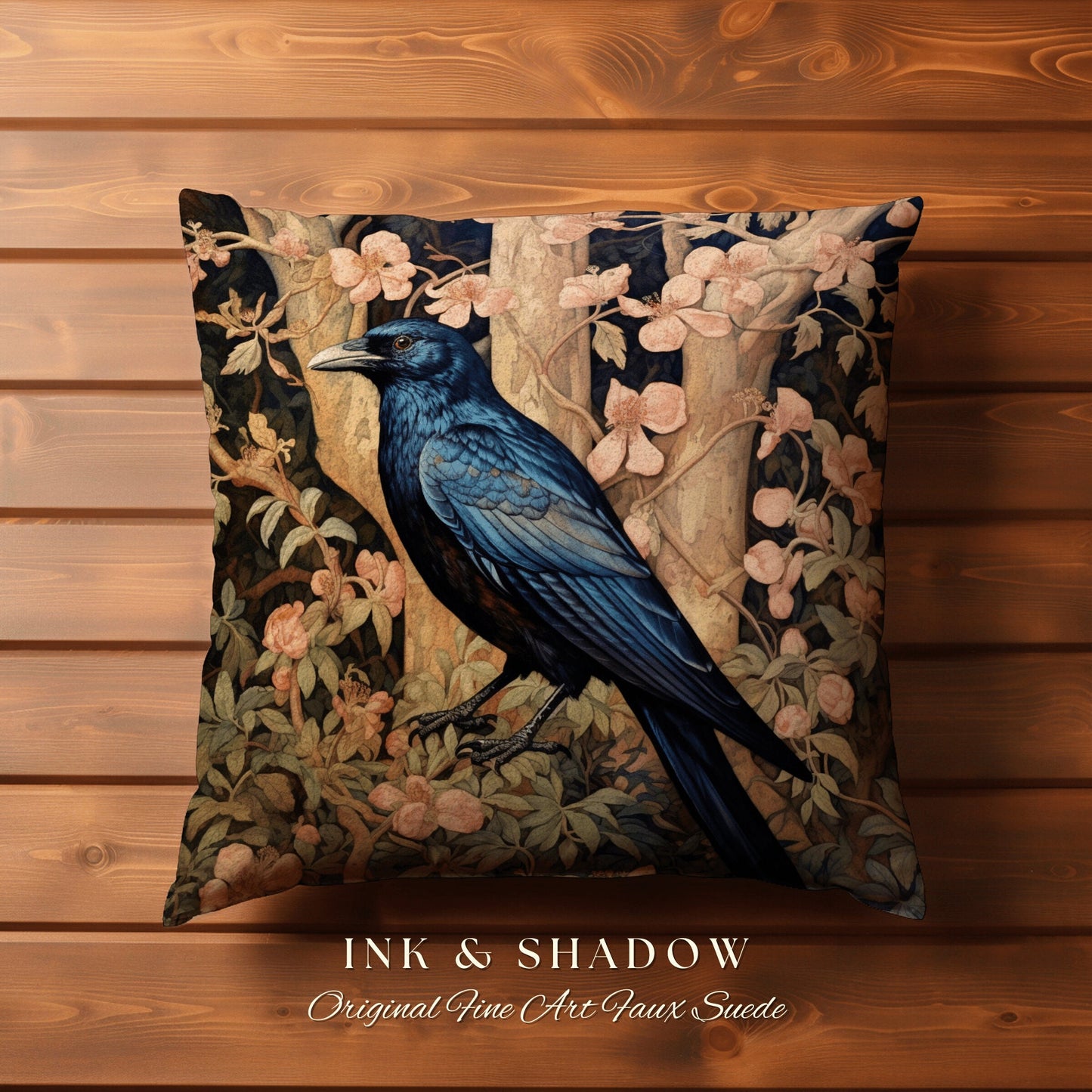 Raven Aesthetic Accent Pillow | Dark Crowcore William Morris Inspired Pillow Aesthetic Medieval Woven Pillow Victorian Gothic Botanical