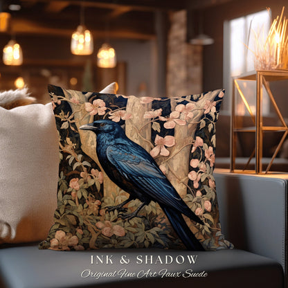 Raven Aesthetic Accent Pillow | Dark Crowcore William Morris Inspired Pillow Aesthetic Medieval Woven Pillow Victorian Gothic Botanical