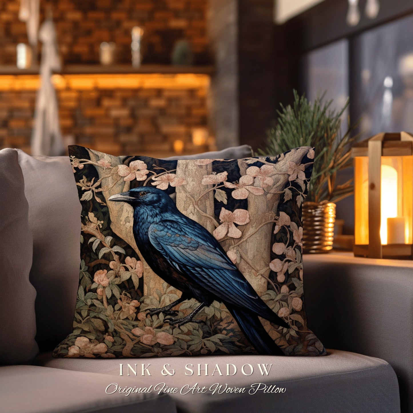 Raven Aesthetic Accent Pillow | Dark Crowcore William Morris Inspired Pillow Aesthetic Medieval Woven Pillow Victorian Gothic Botanical