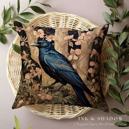 Raven Aesthetic Accent Pillow | Dark Crowcore William Morris Inspired Pillow Aesthetic Medieval Woven Pillow Victorian Gothic Botanical