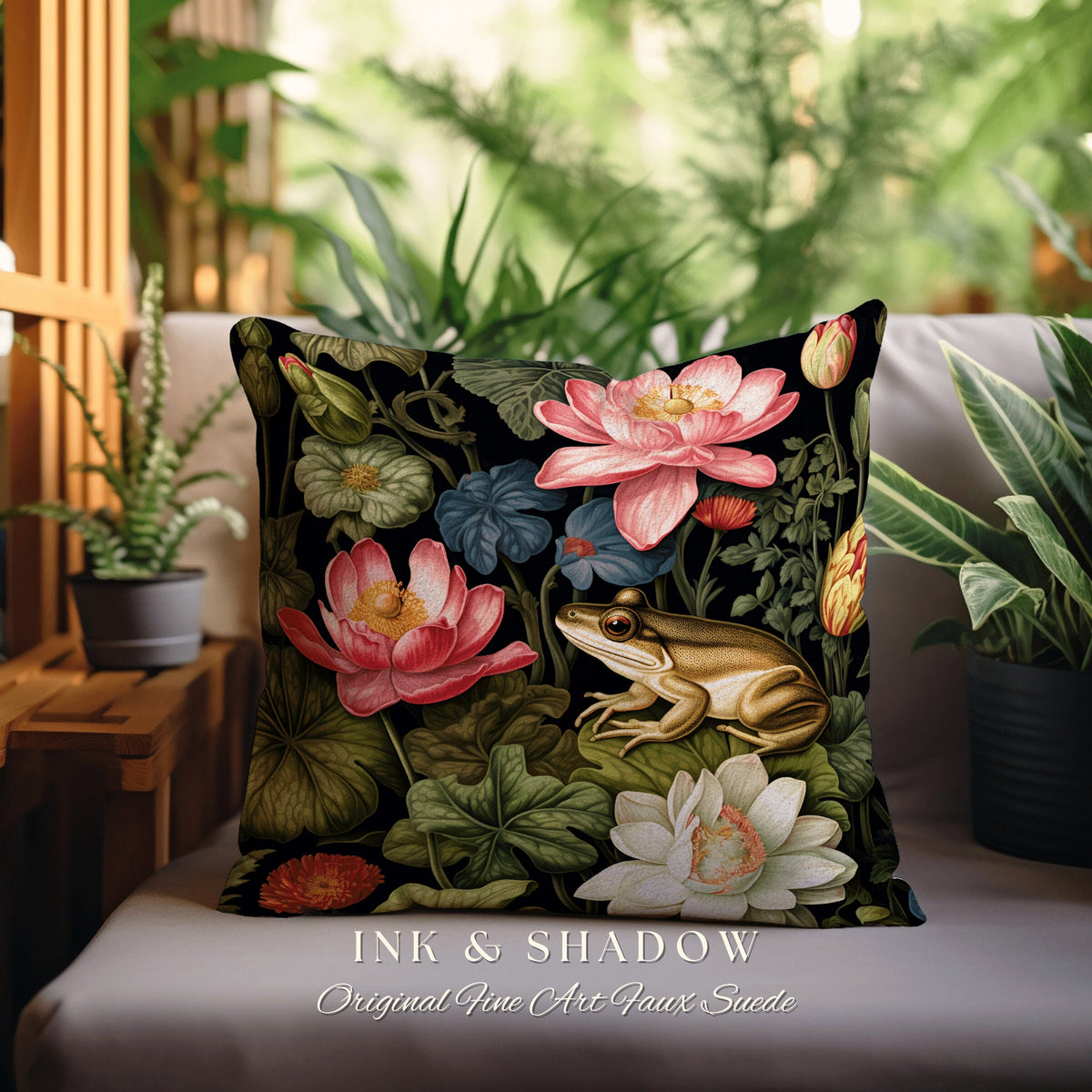 Floral Dark Cottagecore Frog Tapestry Cushion | Botanical Whimsigoth Art Woven Throw Pillow Vintage Nature Victorian Gothic Home Accent