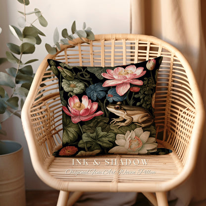 Floral Dark Cottagecore Frog Tapestry Cushion | Botanical Whimsigoth Art Woven Throw Pillow Vintage Nature Victorian Gothic Home Accent