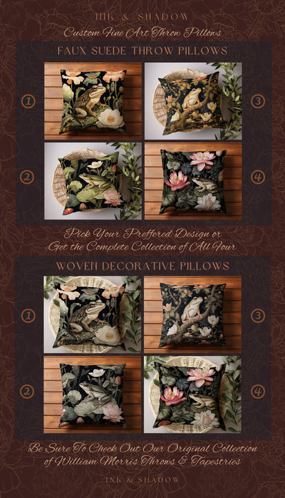 Floral Dark Cottagecore Frog Tapestry Cushion | Botanical Whimsigoth Art Woven Throw Pillow Vintage Nature Victorian Gothic Home Accent