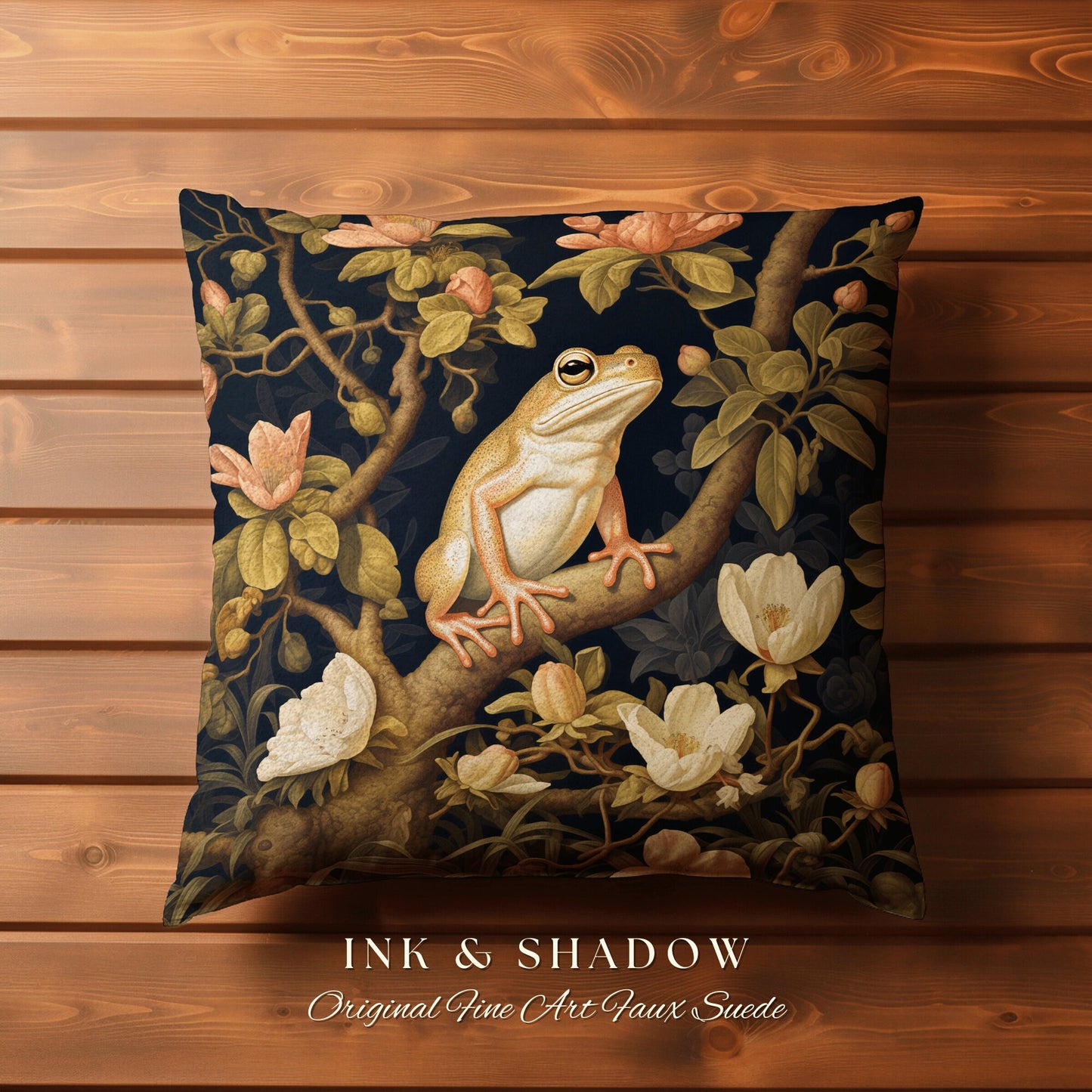 Folklore Frog Accent Pillow | Mushroomcore Pillow William Morris Inspired Frog Decor Crowcore Pillow Fairy Aesthetic Pillow Dark Woodland