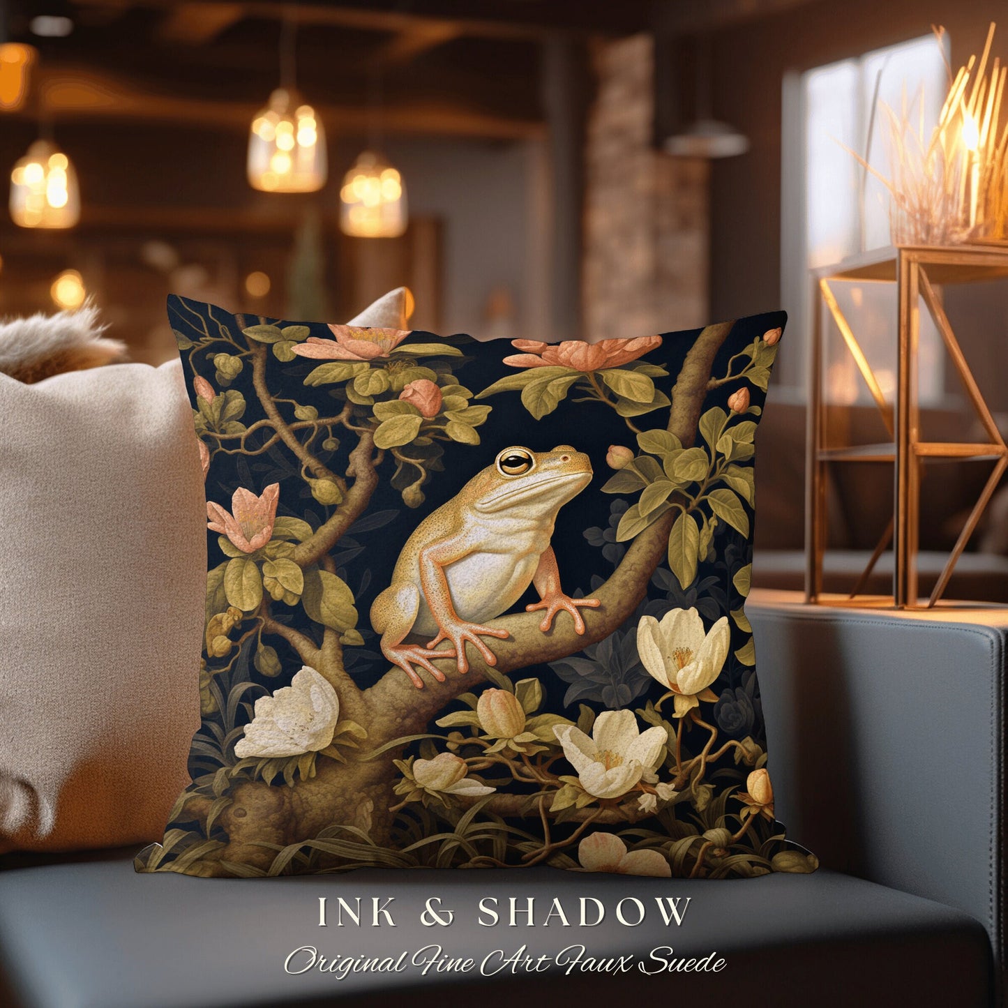 Folklore Frog Accent Pillow | Mushroomcore Pillow William Morris Inspired Frog Decor Crowcore Pillow Fairy Aesthetic Pillow Dark Woodland