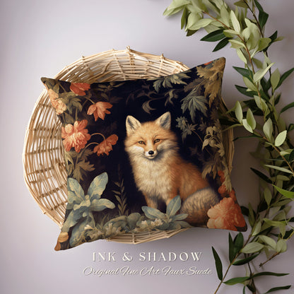 Dark Floral Forest Spirit Pillow | Dark Academia William Morris Inspired Cushion Goth Aesthetic Woven Pillow Victorian Fox Botanical