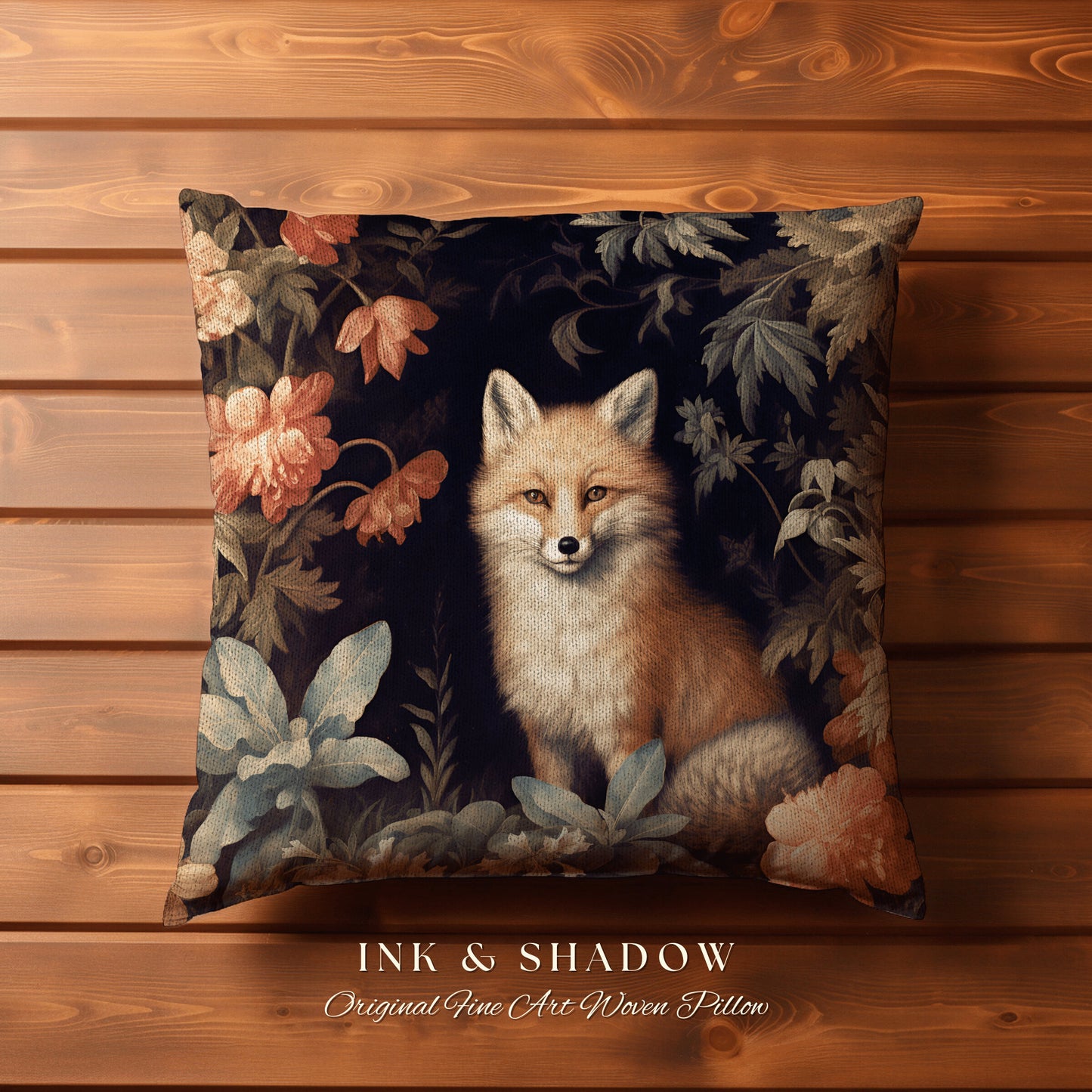 Dark Floral Forest Spirit Pillow | Dark Academia William Morris Inspired Cushion Goth Aesthetic Woven Pillow Victorian Fox Botanical