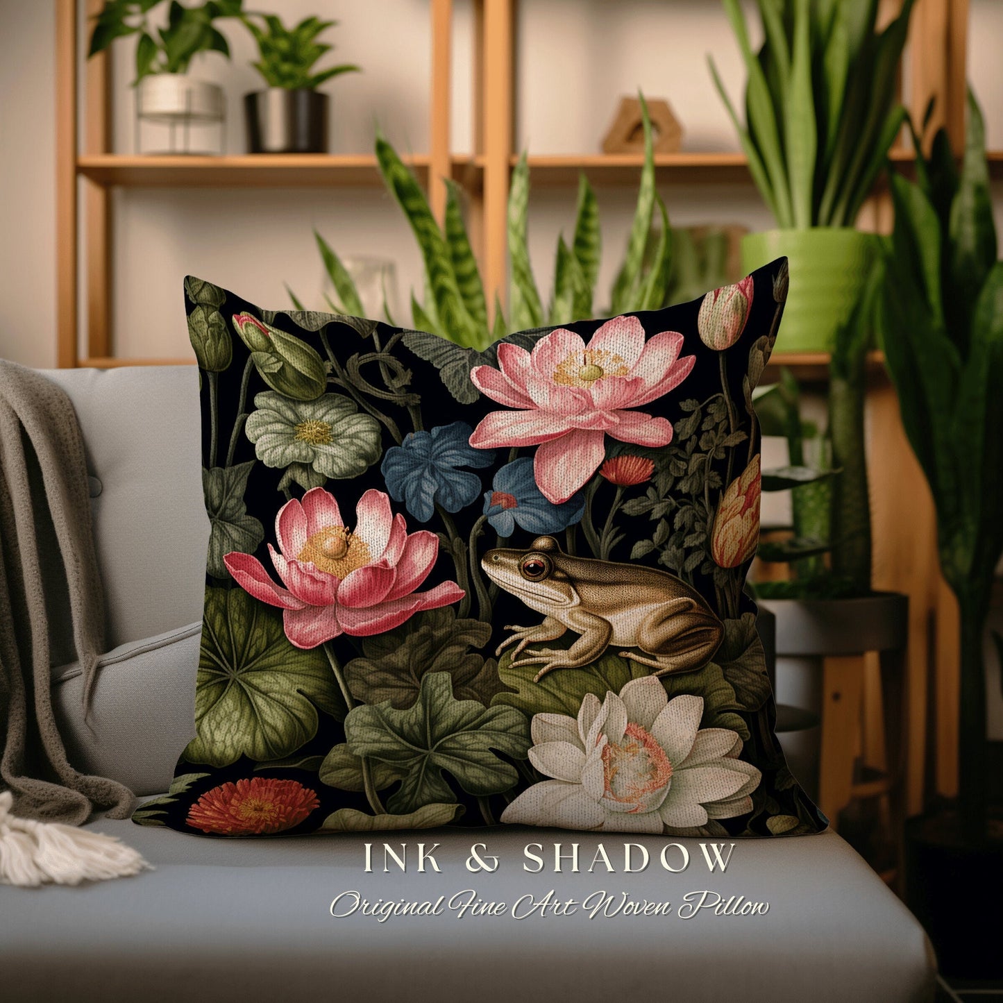 Goblincore Frog Throw Pillow | Mushroomcore Pillow William Morris Inspired Frog Decor Crowcore Pillow Fairy Aesthetic Pillow Dark Woodland