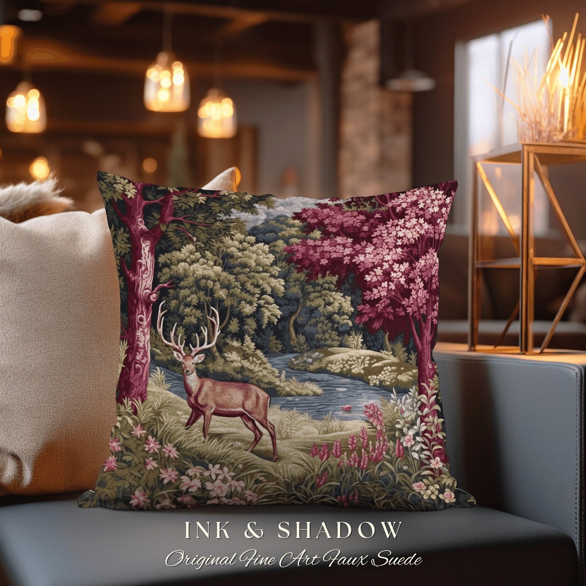 Woodland Landscape Pillow | Ornate Deer Tapestry Witchy Decor Fairycore Gift Victorian Aesthetic Room Decor Mystical Deer Accent Pillow |