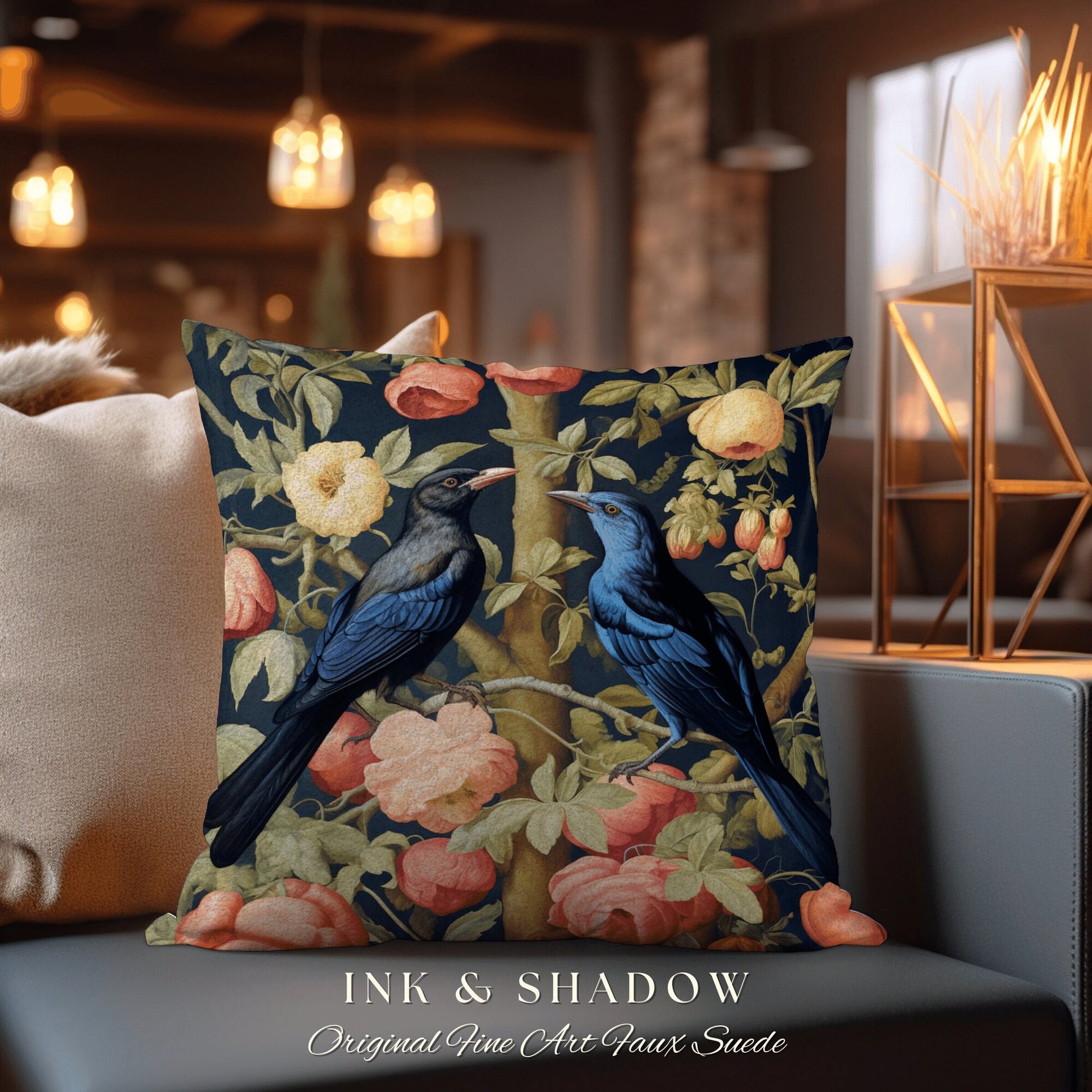 Woodland Crows Accent Pillow | Gothic Decor Crowcore William Morris Inspired Pillow Aesthetic Medieval Woven Cushion Victorian Crow Core Art