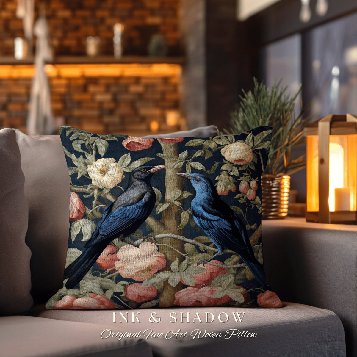 Woodland Crows Accent Pillow | Gothic Decor Crowcore William Morris Inspired Pillow Aesthetic Medieval Woven Cushion Victorian Crow Core Art