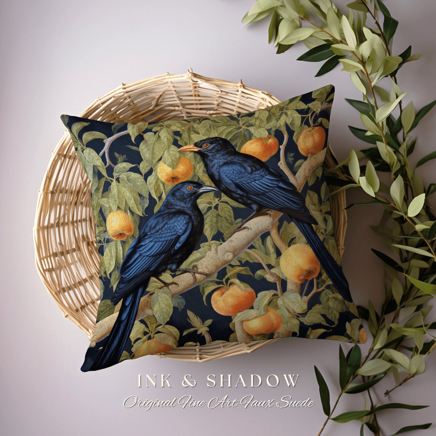 Blue Jungle Birds Forestcore Pillow Gothic Botanical Accent William Morris Art Style, Raven Decor Crowcore Tapestry Cushion Rustic Woodland