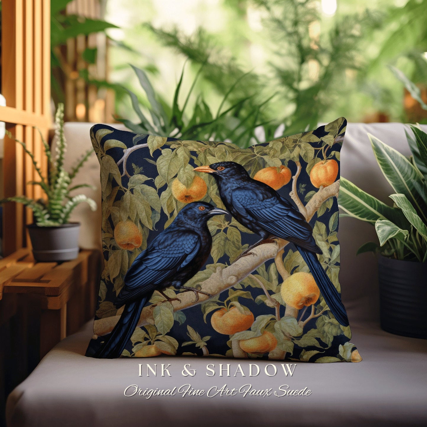 Blue Jungle Birds Forestcore Pillow Gothic Botanical Accent William Morris Art Style, Raven Decor Crowcore Tapestry Cushion Rustic Woodland