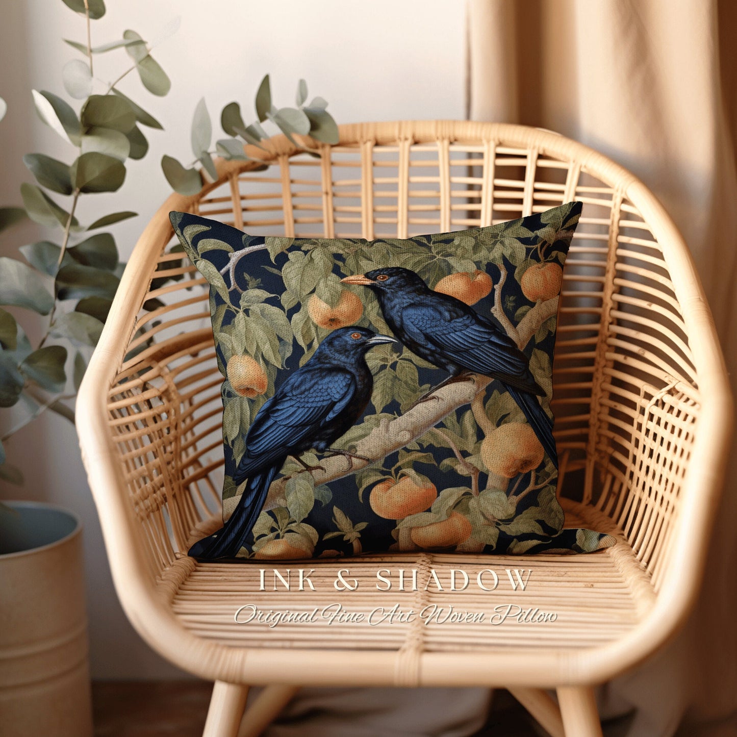 Blue Jungle Birds Pillow | Gothic Botanical Accent Pillow William Morris Art Pillow Raven Decor Crow Core Cushion Maximalist Rustic Bedroom